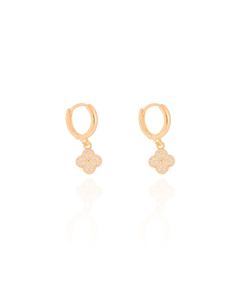 Brinco Argola Click Flor Cravejada Cristal 2.2 cm Banhado a Ouro 18K