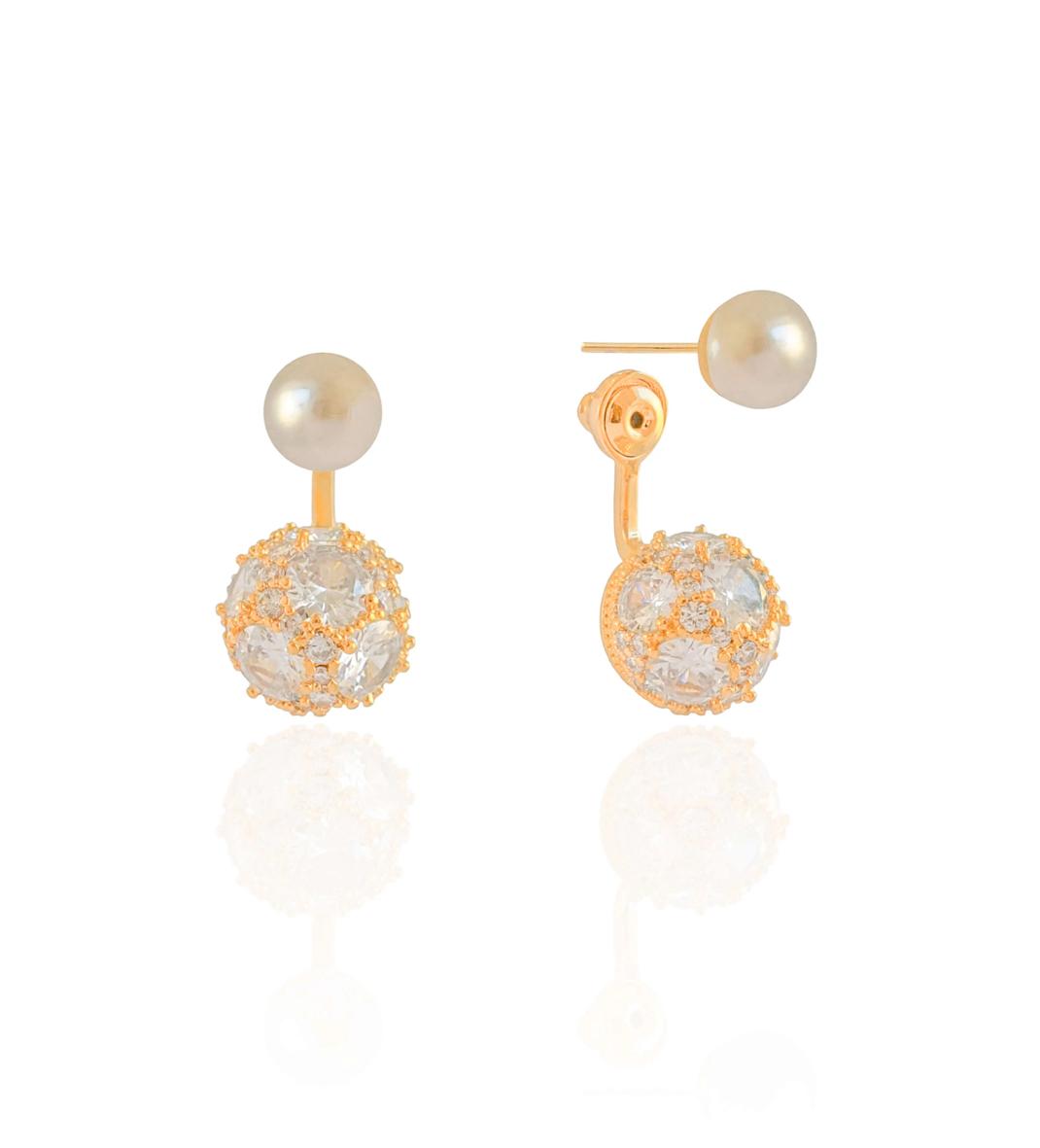 Ear Jacket Pérola Bola Cravejada 2.3 cm Banhado a Ouro 18K