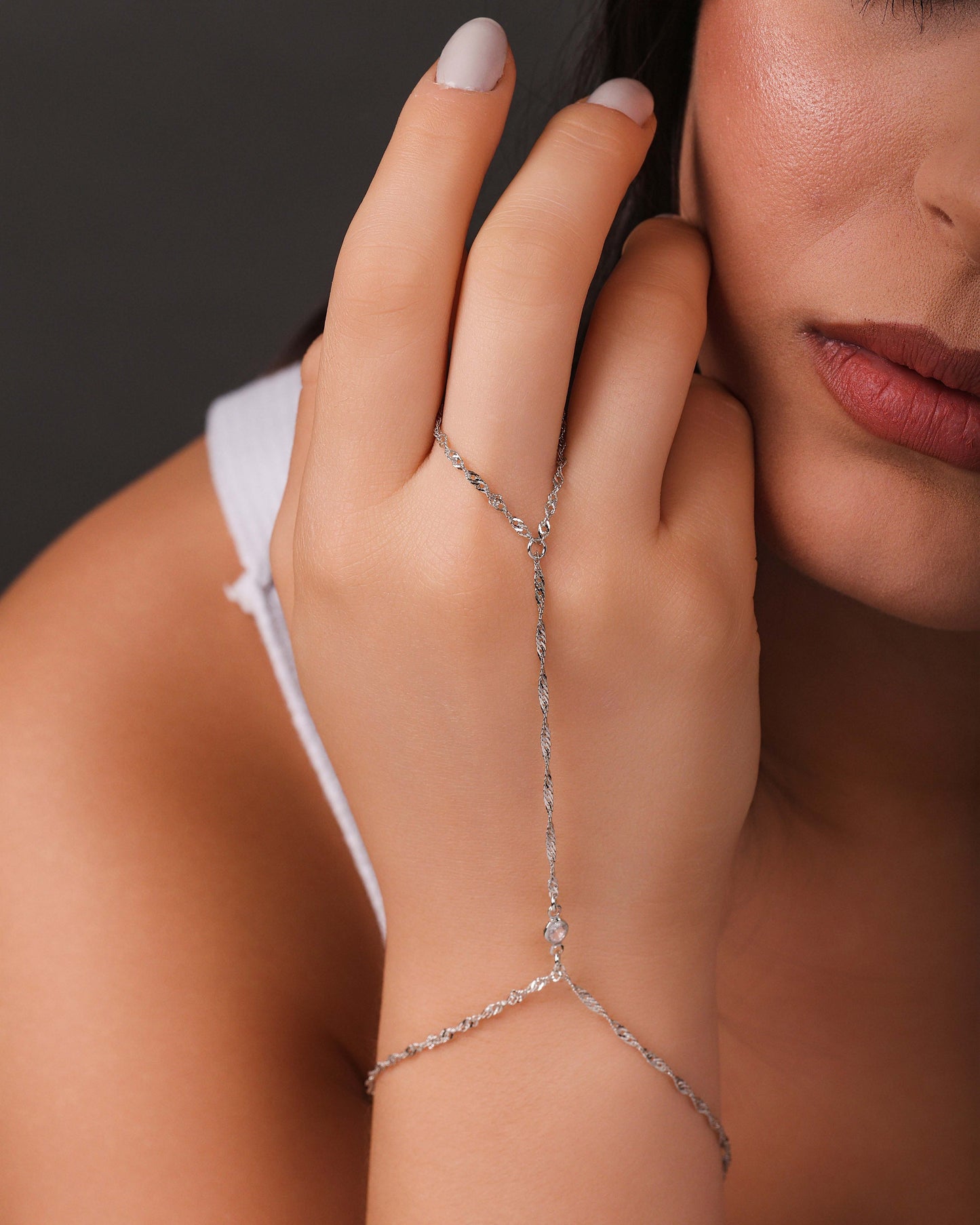 Pulseira Hand Chain Singapura Ródio Branco