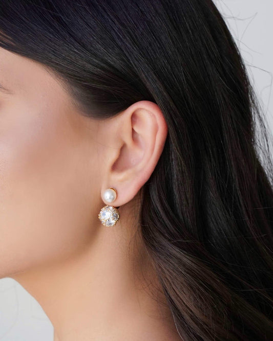 Ear Jacket Pérola Bola Cravejada 2.3 cm Banhado a Ouro 18K